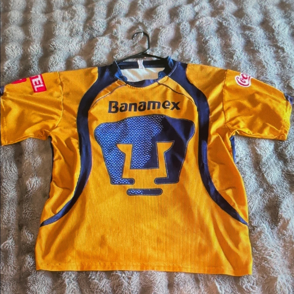 Boohoo Mens Yellow and Navy Kids Soccer Jersey with Banamex Logo